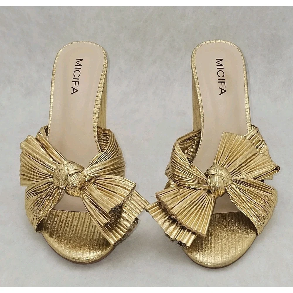 NWOB MICIFA Bow Knot Heeled Sandals Open Toe High Block Chunky Heel Sz 9 EU 40